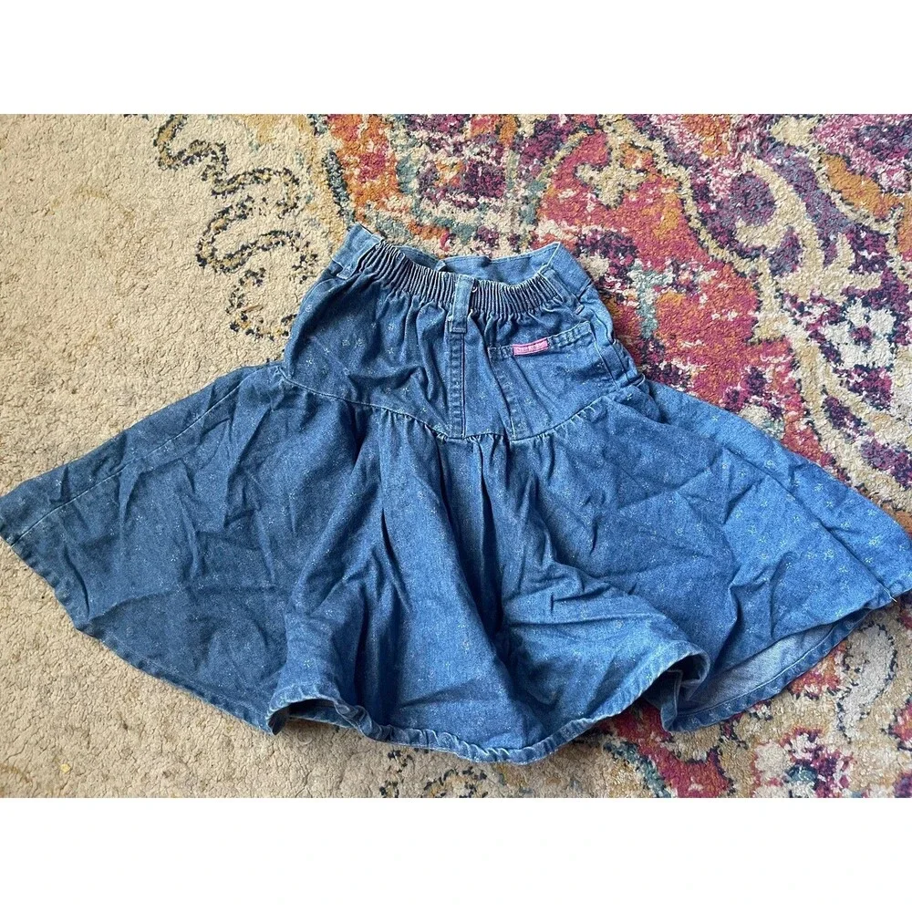 80s Vintage OshKosh Drop Waist Denim Skirt with Pink Logo Tag & Floral Print